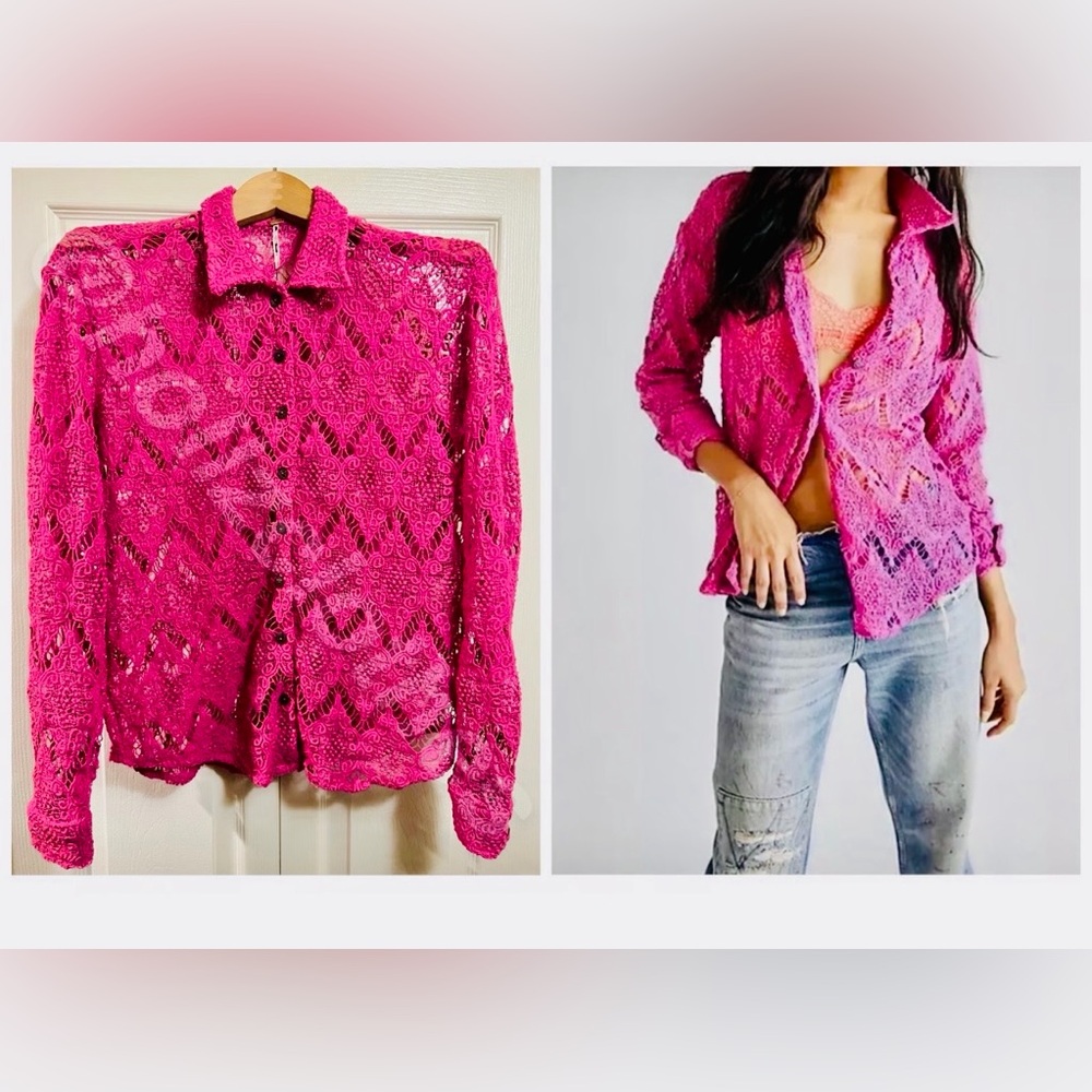 Free People Hot Pink Crochet Lace Top